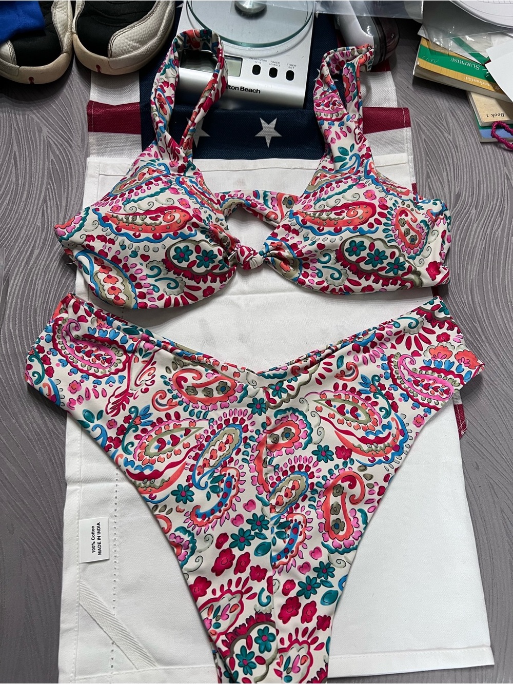 XL Paisley Bikini Swimsuit 2 Piece Knot Front High Leg Cheeky Floral Pink Blue